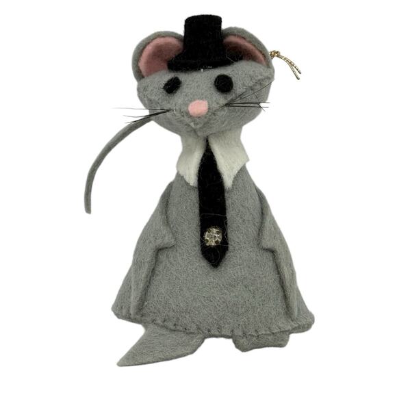 Vintage Gray Wool Felted Mouse Ornament Black Top Hat Collar Tie Handcrafted - Picture 12 of 12